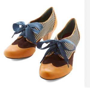 Poetic License Brown and Tan Heeled Shoes with Blue Accents